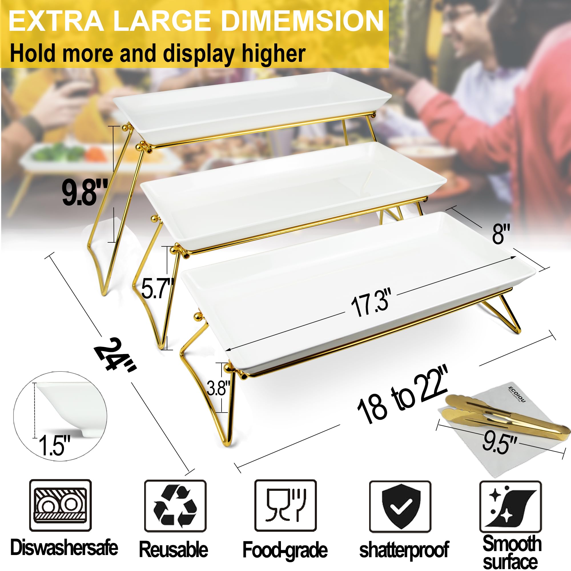 ECOIOU Vassoio da portata extra large a 3 ripiani, in melamina, 24 x 22 x 9,8 cm, per feste e buffet, bianco e oro