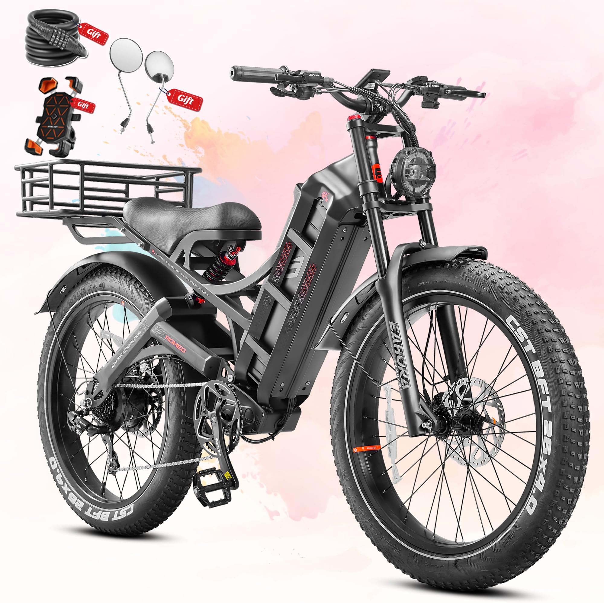 eAhora 2026 Romeo Pro 3/2 52-46Mph Electric Bike for Adults 6000W/4000W/2500W Dual Motor Ebike 60V/80Ah 52V/70Ah Long Range Fat Tire Full Suspension Electric Mountain Bicycle
