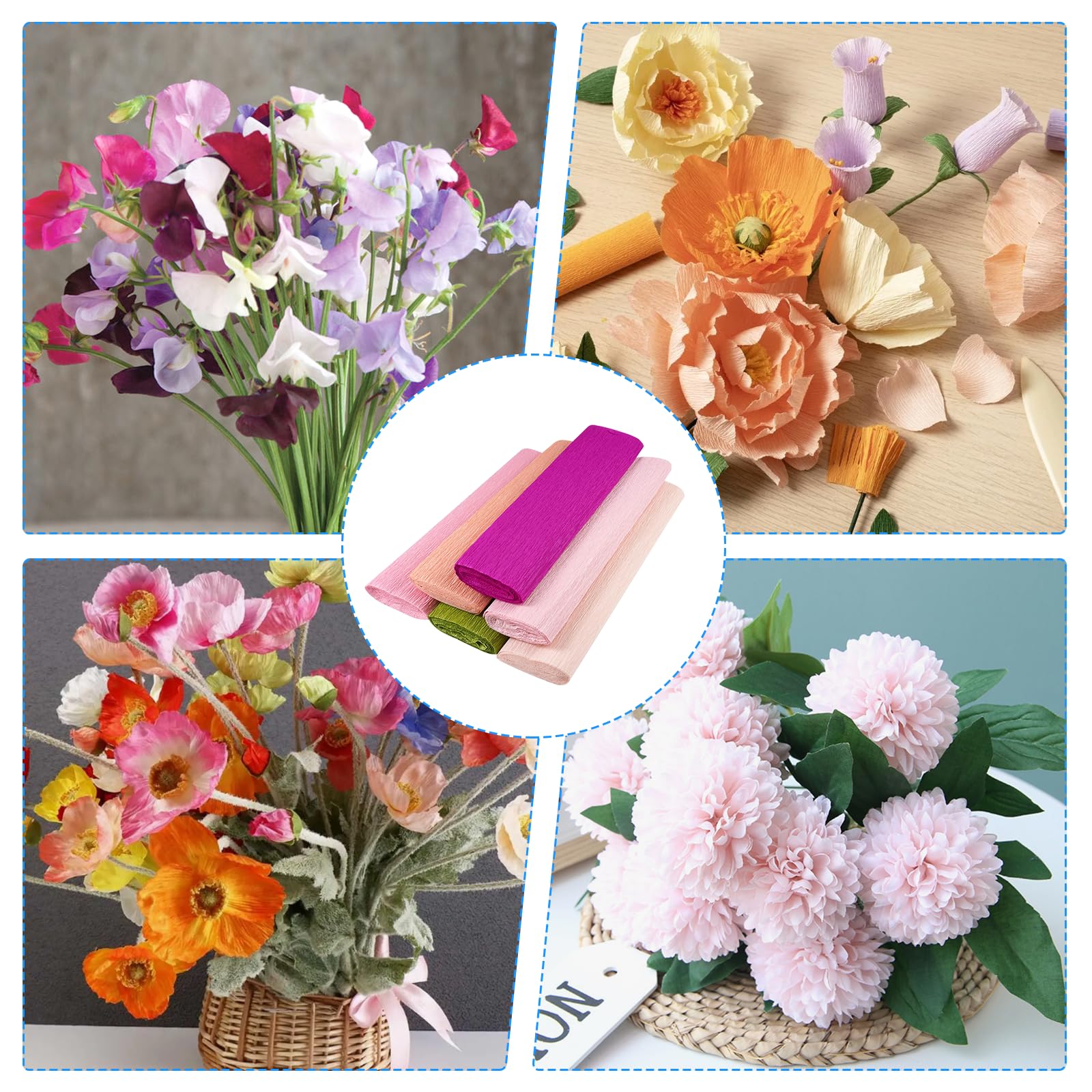 Lot De 6 Rouleaux De Papier Crépon Pastel 25 X 250 Cm, MicButty Papier Crepon Avec Fil Vert, Attaches Couleur Plier Le Papier DIY Pour Anniversaires Mariages Noël,Papier Crépon Fleurs