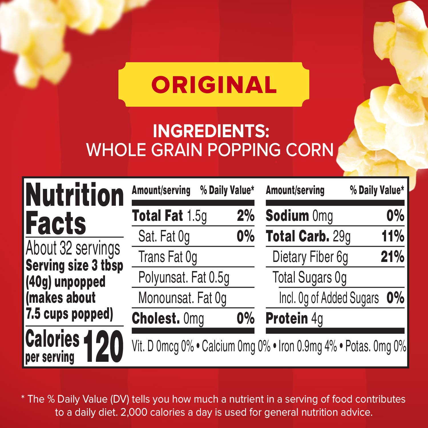 Orville Redenbacher's Gluten Free Original Gourmet Yellow Popcorn Kernels, 45 oz, Pack of 6