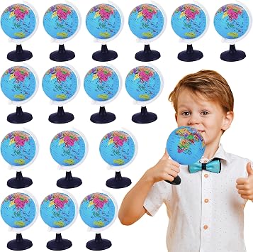 16 Pcs 3.4 Inches Mini World Globes Rotating Geographic Earth Map Globe with Stand for Learning Educational Classroom Desk Table Decoration, Blue