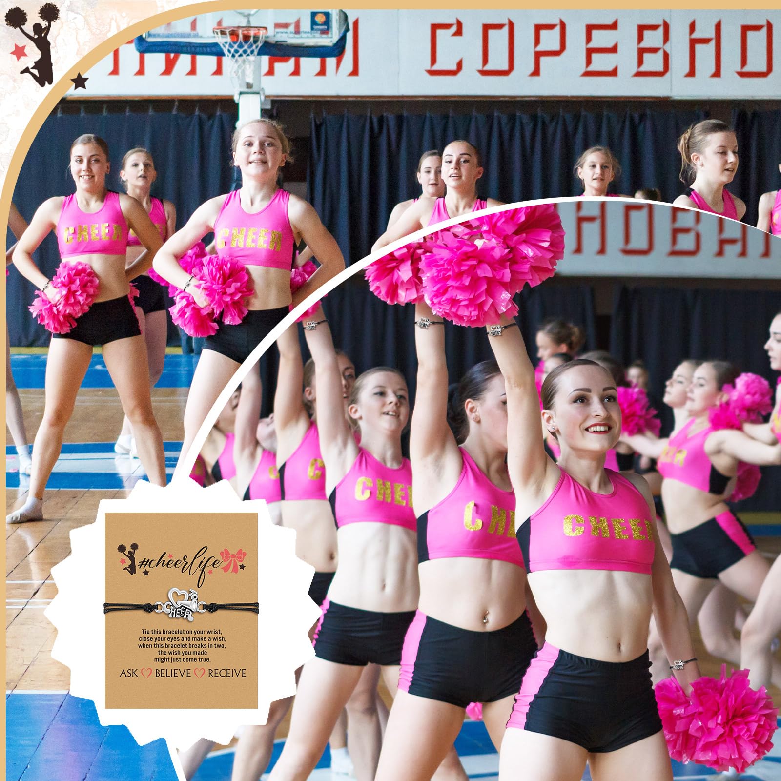 Huquary 48 Pcs Cheerleader Gifts Set Cheer Bracelets and Cheerlife Wish Card Adjustable Cheerleading Charm Bracelets Cheer Team Gifts for Team Cheerleader Jewelry Accessories