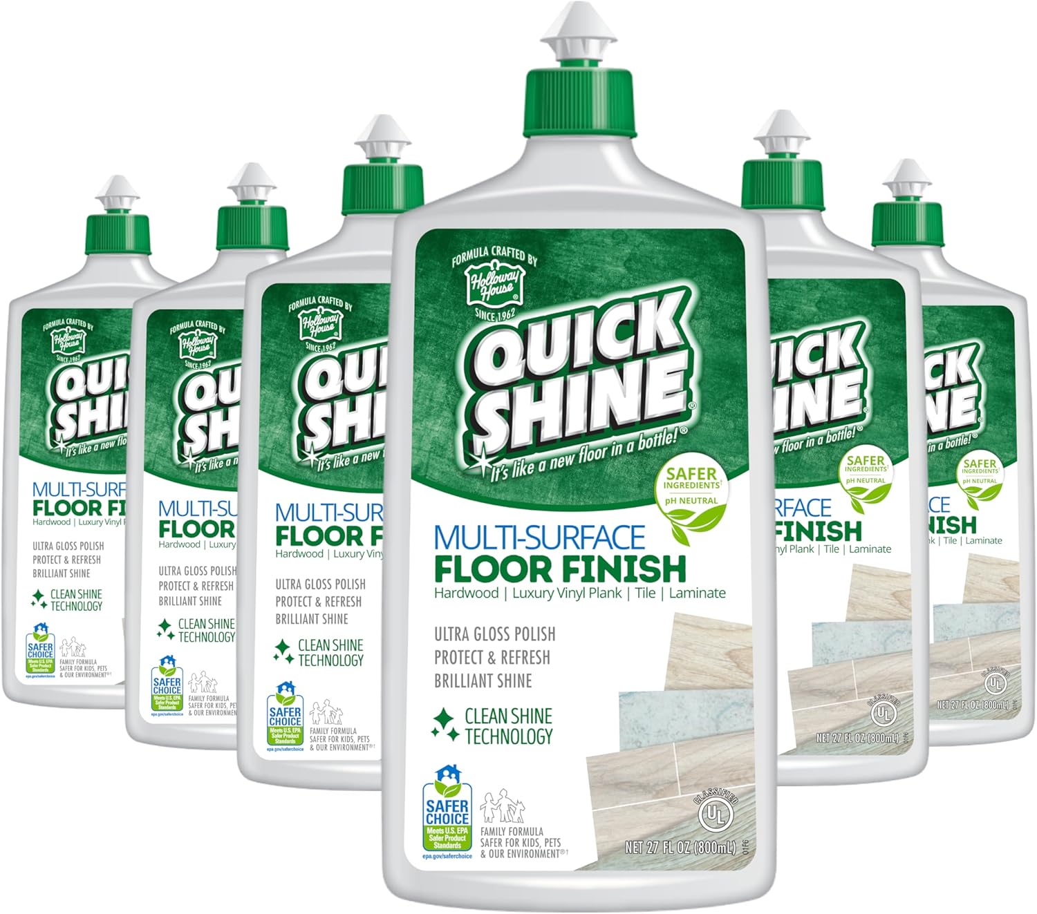 Quick Shine Multi Surface Floor Finish 27oz, 6Pk | Cleaner & Polish to use on Hardwood, Laminate, Luxury Vinyl Plank LVT, Tile & Stone | Safer Choice w/Clean Shine Technology | Shine-Protect-Refresh
