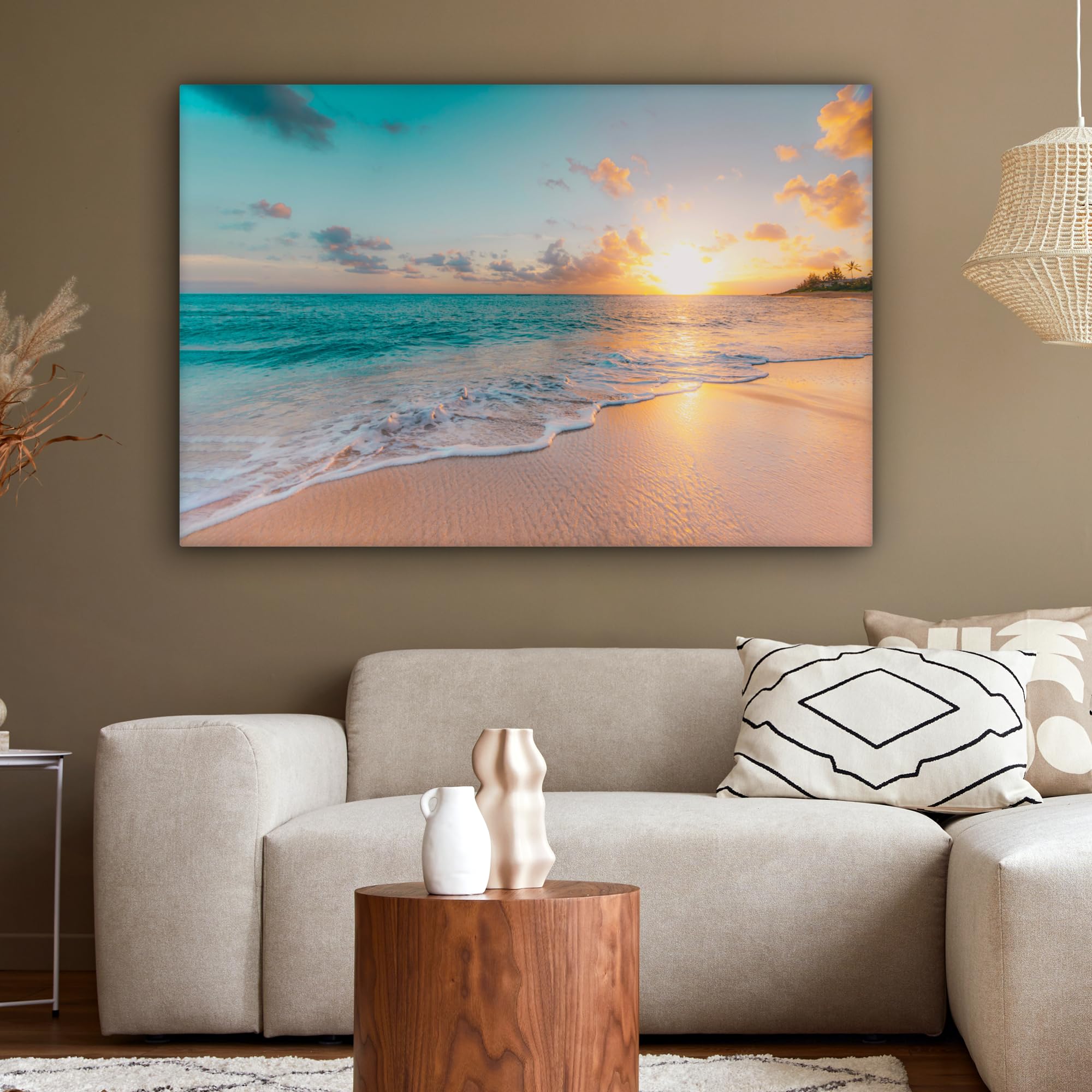 MuchoWow© Impressions sur Toile 120x80 cm Deco Tableau Murale Decoration Salon Peinture Tableaux Chambre Toiles Maison Coucher de soleil - Plage - Mer - Été - Bleu