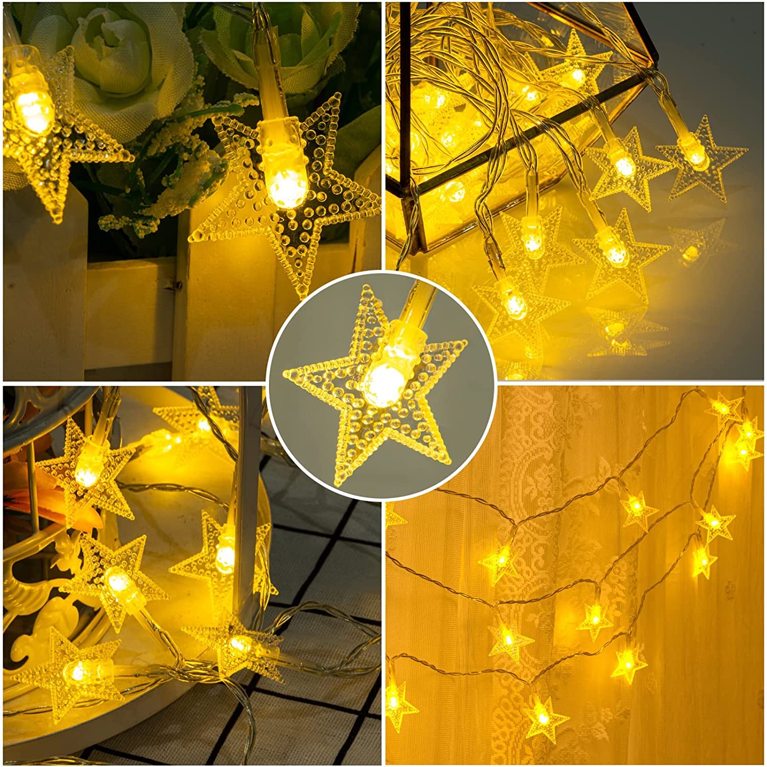 Cadena de luces LED de estrellas, 20 luces LED de hadas de cadena de estrellas de 10 pies, luces de Navidad de hadas, funciona con pilas, luz cálida para interior, exterior, fiesta de bodas,