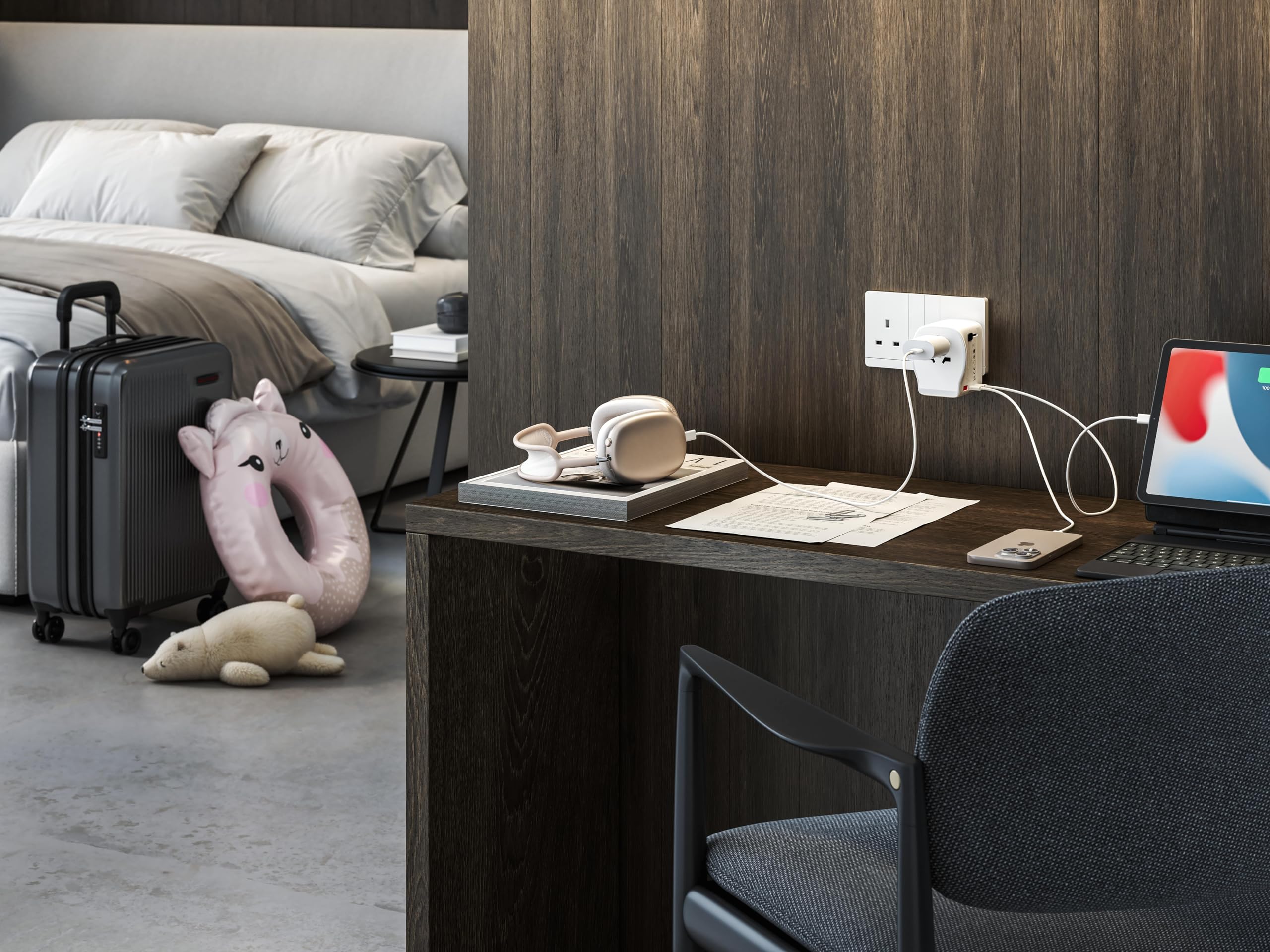 Simon – Adaptador de Viaje Universal, 3 USB (2X USB-C + 1x USB-A) 65W, Compatible en +200 Países, Carga Súper Rápida, Portátiles y Dispositivos Móviles, Bolsa de Viaje, Color Negro