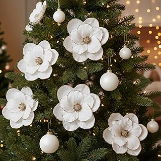 Outus 24 Pcs Velvet Christmas Tree Decorations Set with 8pcs Poinsettias Artificial Glitter Magnolia Flower with Stem, 16pcs Christmas Ball Ornaments for Xmas Holiday Party Wedding Decor(White)