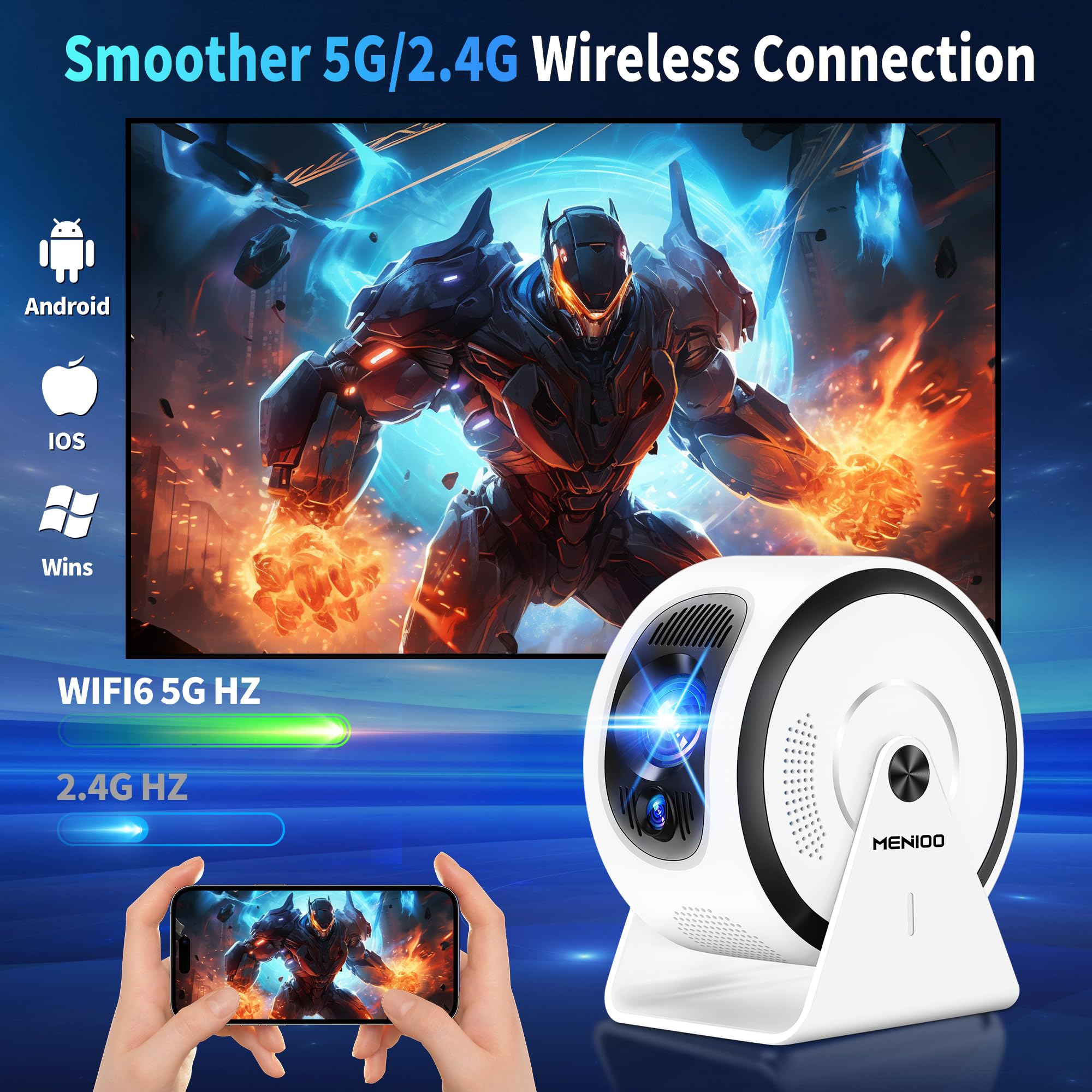 [App integree] Mini Vidéoprojecteur Supporte 4K 1080P 2026 Upgraded AutoFocus & Keystone, Projecteur Correction 360" Rotation avec WiFi 6 etBluetooth 5.4 projecteur avec HDMI/TV Stick/USB/ - Blanc