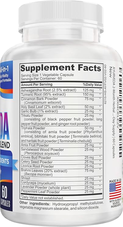 Ayurveda Herbs 17-in-1 Supplement (2-Month Supply) | Mind & Body Balance | Ayurvedic Health Support Blend | Ayurveda Supplements | 60-Day Bulk Supply | 60 Capsules