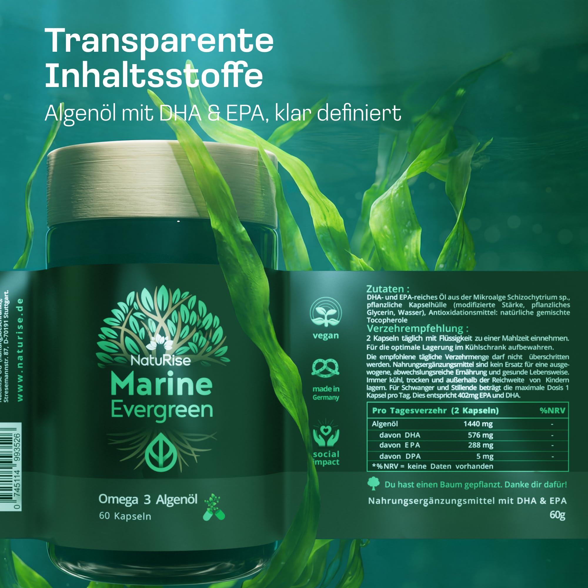 NatuRise® Omega 3 Kapseln Vegan – 1440mg Algenöl pro Tag davon 869mg Omega-3 (DHA, EPA & DPA) – Hochdosiert – 60 Kapseln – Laborgeprüft – Triglycerid-Form – UV-geschützt – Fischöl Alternative