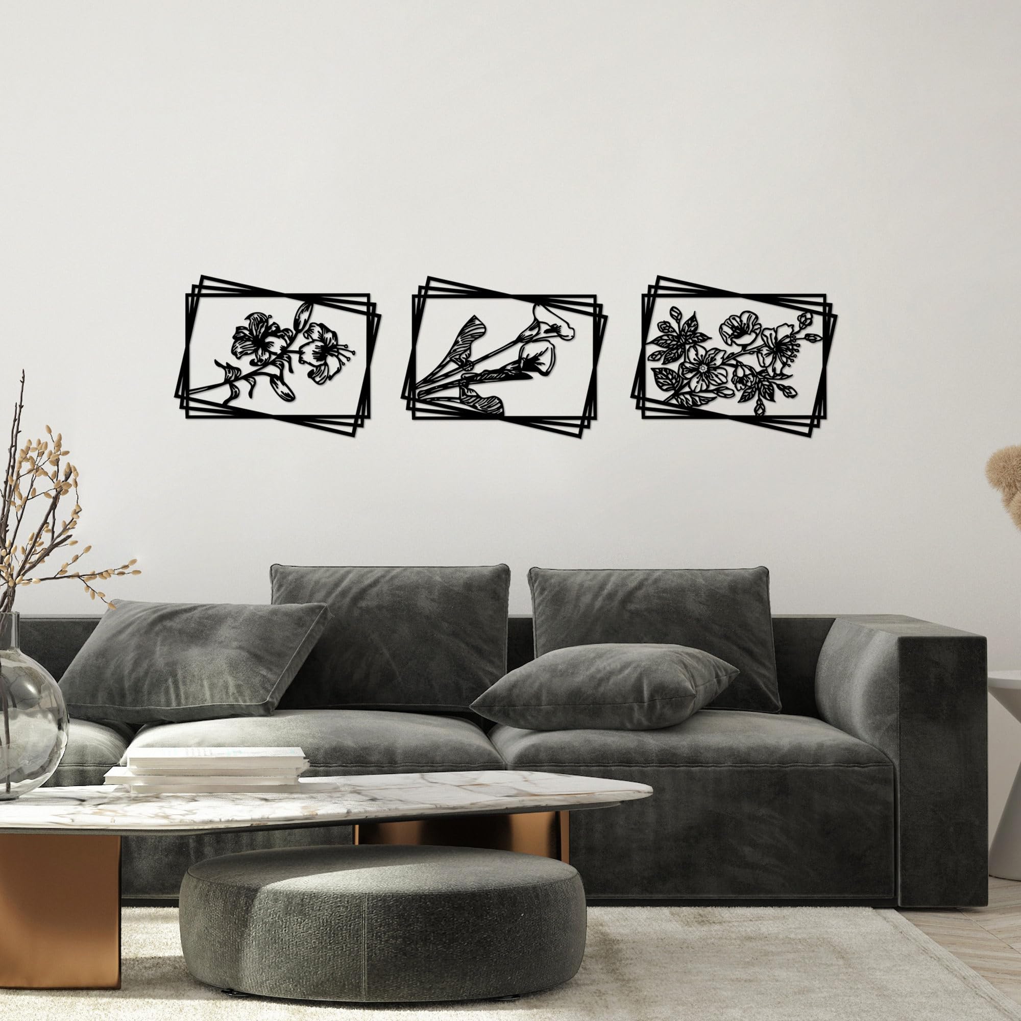 Hanah Home Elegante accesorio decorativo de pared de metal negro (3 piezas), 47 x 60 cm, 100% metal, 1,5 mm de grosor, perfecto para decoración moderna del hogar y paredes de galería