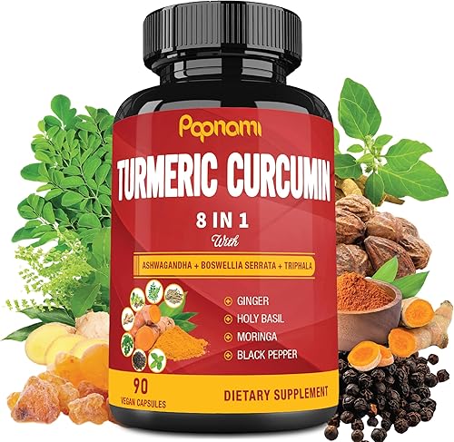 Cápsulas de extracto de curcumina de cúrcuma – 90 unidades de suministro para 3 meses – Ashwagandha mezclado, moringa, jengibre y más – Apoyo para