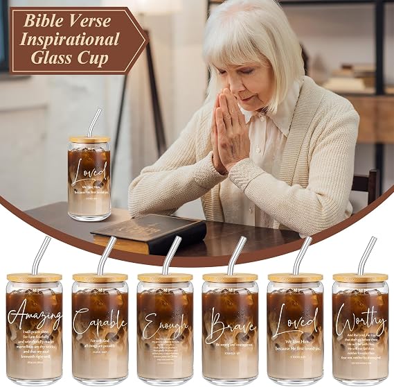 AmazingSpark 18 Pcs Fathers Day Christian Gift Bulk for Men Women 16 Oz Glass Cups with Lid Straw Bible Notebook Leather Prayer Journal with Pen Religious Gift for Church Member (Bible Words,Brown)