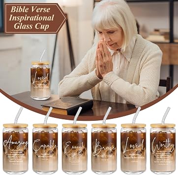 AmazingSpark 18 Pcs Fathers Day Christian Gift Bulk for Men Women 16 Oz Glass Cups with Lid Straw Bible Notebook Leather Prayer Journal with Pen Religious Gift for Church Member (Bible Words,Brown)