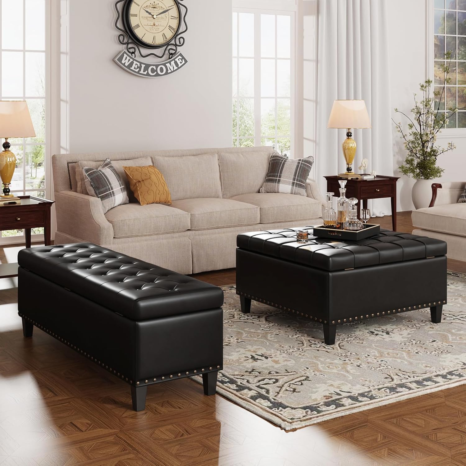 Square Leather Ottoman with Storage, Faux Leather Coffee Table with Lift Top,Large Upholstered Footrest Stool Toy Box Storage Bench for Bedroom Living Room, Black