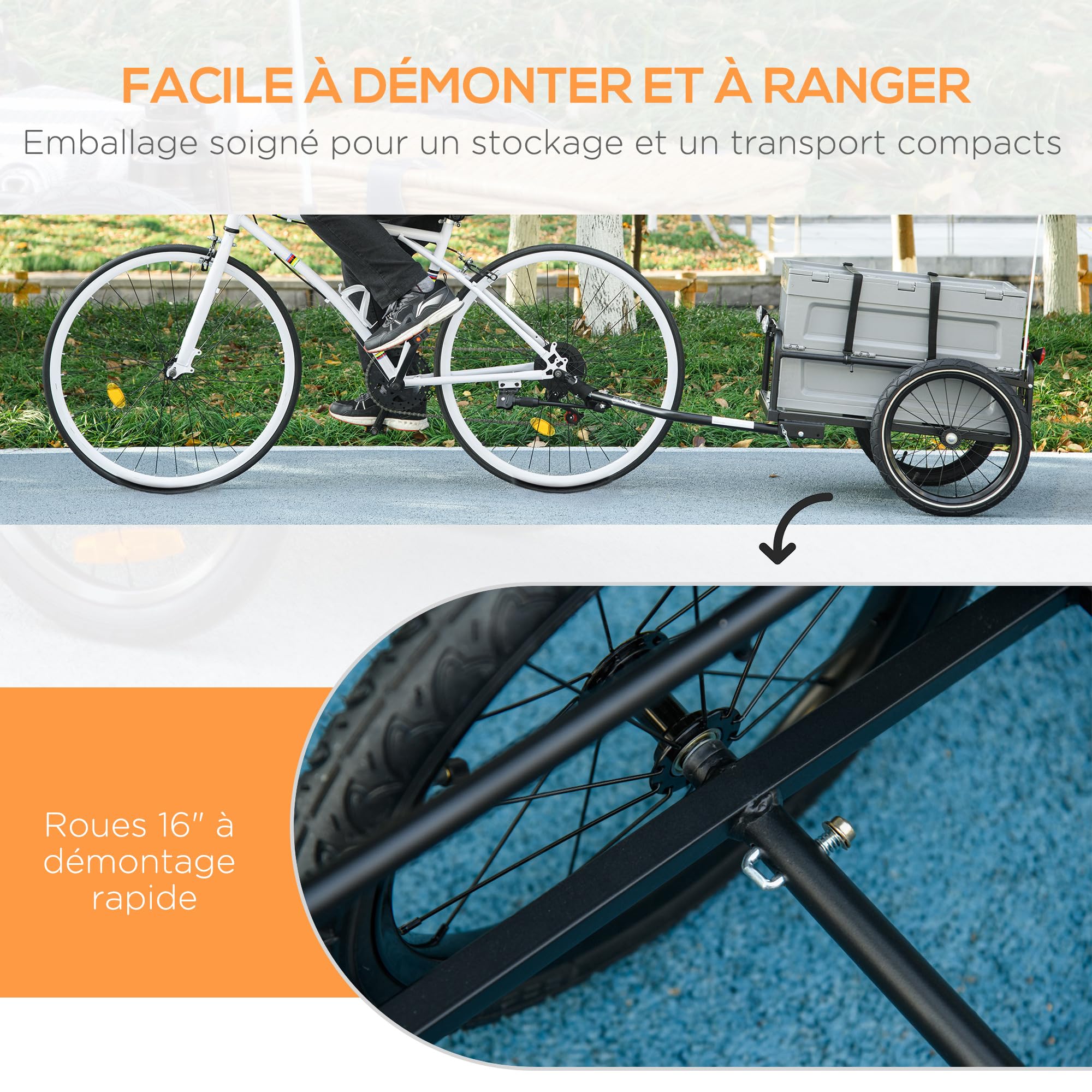 HOMCOM Remorque Chariot à vélo 65L Pliable Amovible Coffre de Rangement 40KG Gris