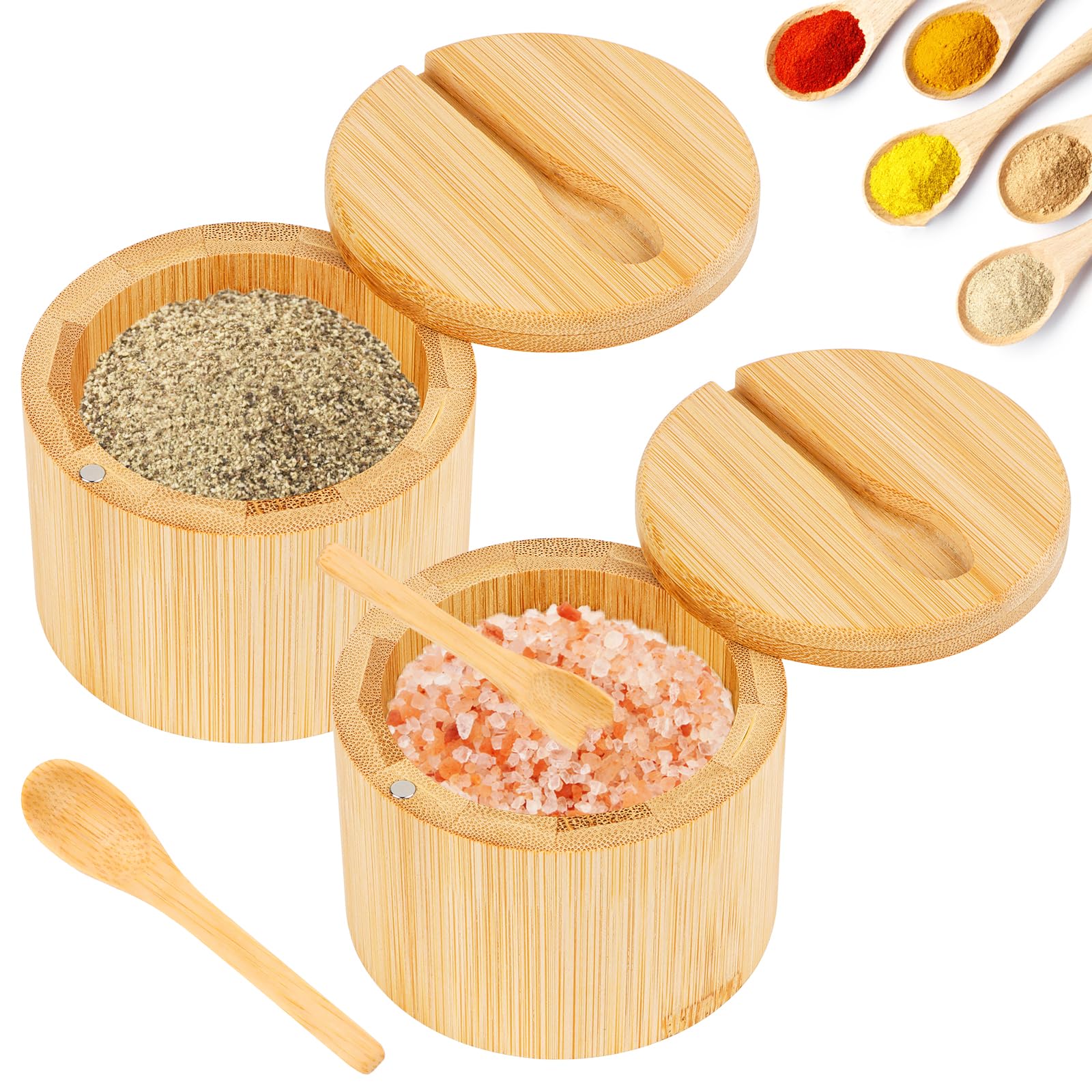 Wvu & Wvo Lot de 2 boîtes à sel en bambou de 6 oz avec couvercle pivotant magnétique et cuillère, bocal à épices en bois pour le stockage du sel, du poivre, du herbe, des épices