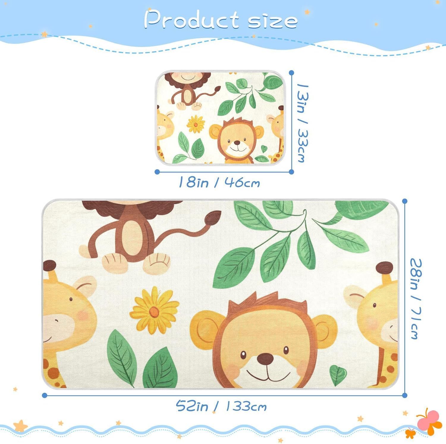 Cartoon Animals Zoo Lion Monkey Giraffe Cooling Baby Mattress pad 28" x 52" Absorbent Pee Pads for Baby&Toddler