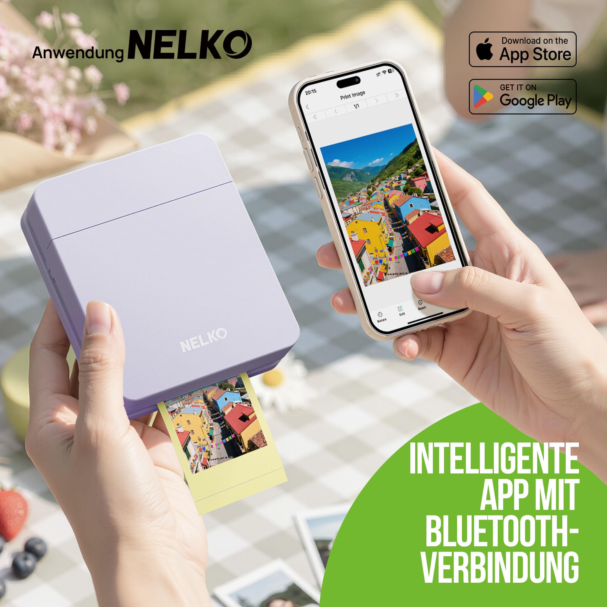 Nelko PP01 Tragbarer Fotodrucker, 100 Blatt Selbstklebendes Fotopapier,Lila | Tintenstrahl-Aufkleberdrucker kompatibel mit iOS/Android mit Bearbeitungs-App, Ideal für Partys, Reisen und Bullet Journals