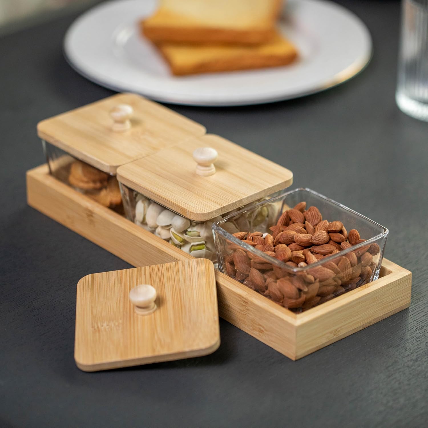 Basicwise Set of 3 Square Glass Jars with Bamboo Lids and Wooden Tray – Rectangular Charcuterie, Snack Organizer and Fruit Platter for Party, Candy Jars, Cookies, Nuts, Fruits and Snack Box image 5