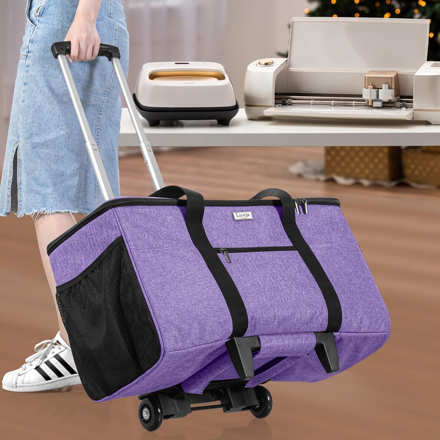 LUXJA Rolling Tote Compatible with Cricut Maker (Explore Air) and Easy Press (9 inches x 9 inches), Die-Cut Machine Carrying Case with Wheels (Come with a Detachable Dolly), Purple