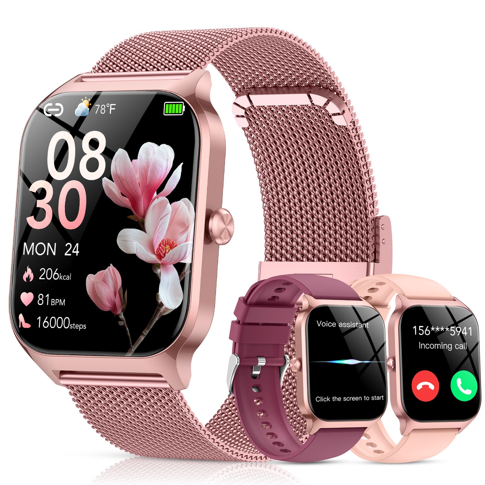 Smartwatch Donna-3 Cinturino,1.85''HD Orologio Smartwatch Donna Acciaio con Chiamate/Notifiche WhatsApp, 120 Sportive Sonno Cardiofrequenzimetro SpO2 Contapassi, Smart Watch per Android iphone Samsung
