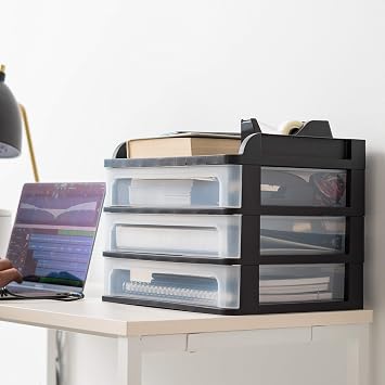 IRIS USA Medium Desktop Drawer System, 1 Pack, Black and IRIS Compact Desktop 3-Drawer System, Black, 2 Pack