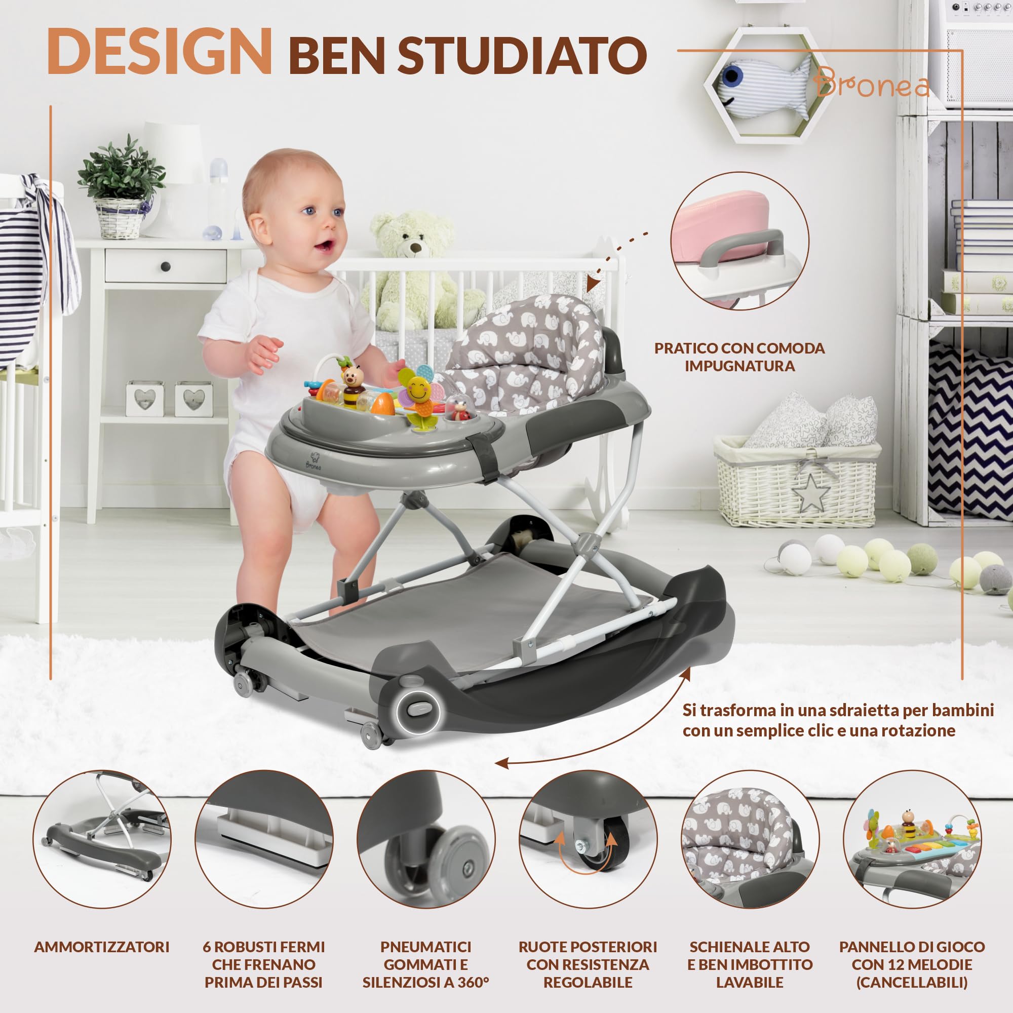 Girello 4-in-1 per Bambini con funzione altalena e pannello di gioco con musica | Regolabile in altezza e pieghevole | Con ruote silenziose e freno