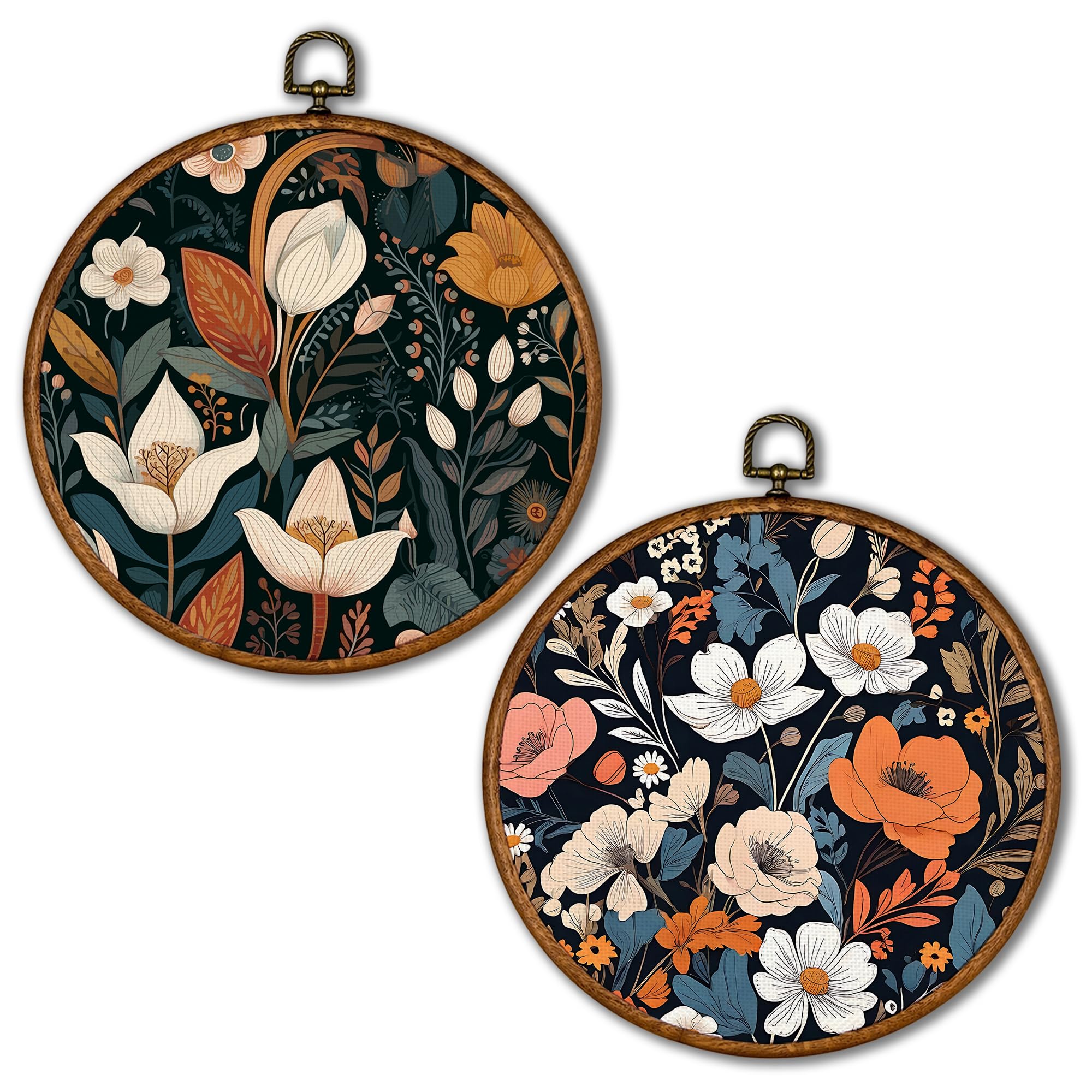 KSDUT Flower Wall Art Decor Set of 2 - Botanical Neutral Mid Century Modern Wall Art Canvas Frame Hanging Prints, Vintage Landscape Round Wall Art Decor for Home Decorations 10"x10"