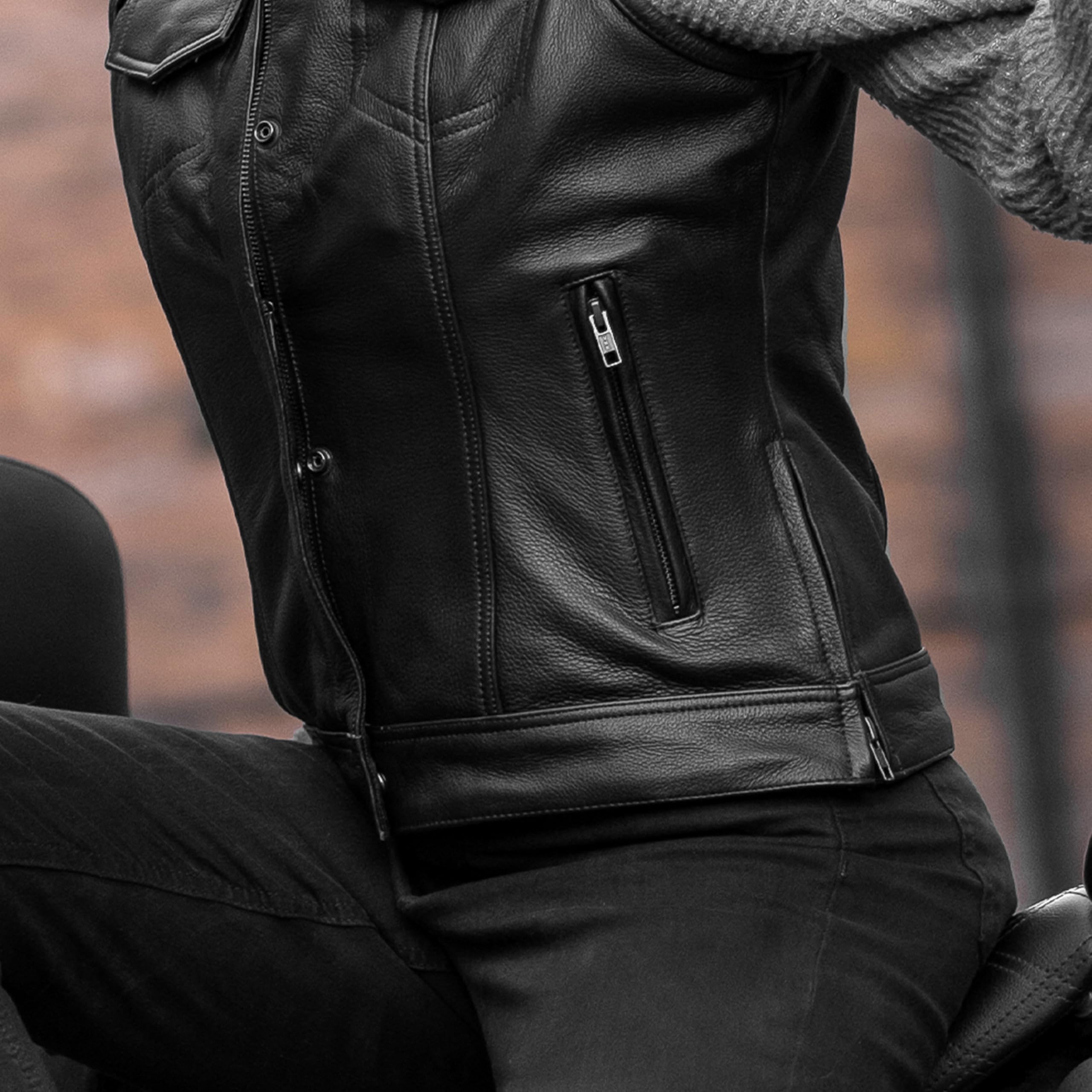 Leatherick Damen-Motorradweste schwarzes Leder Bikerweste weiches Futter verstellbar