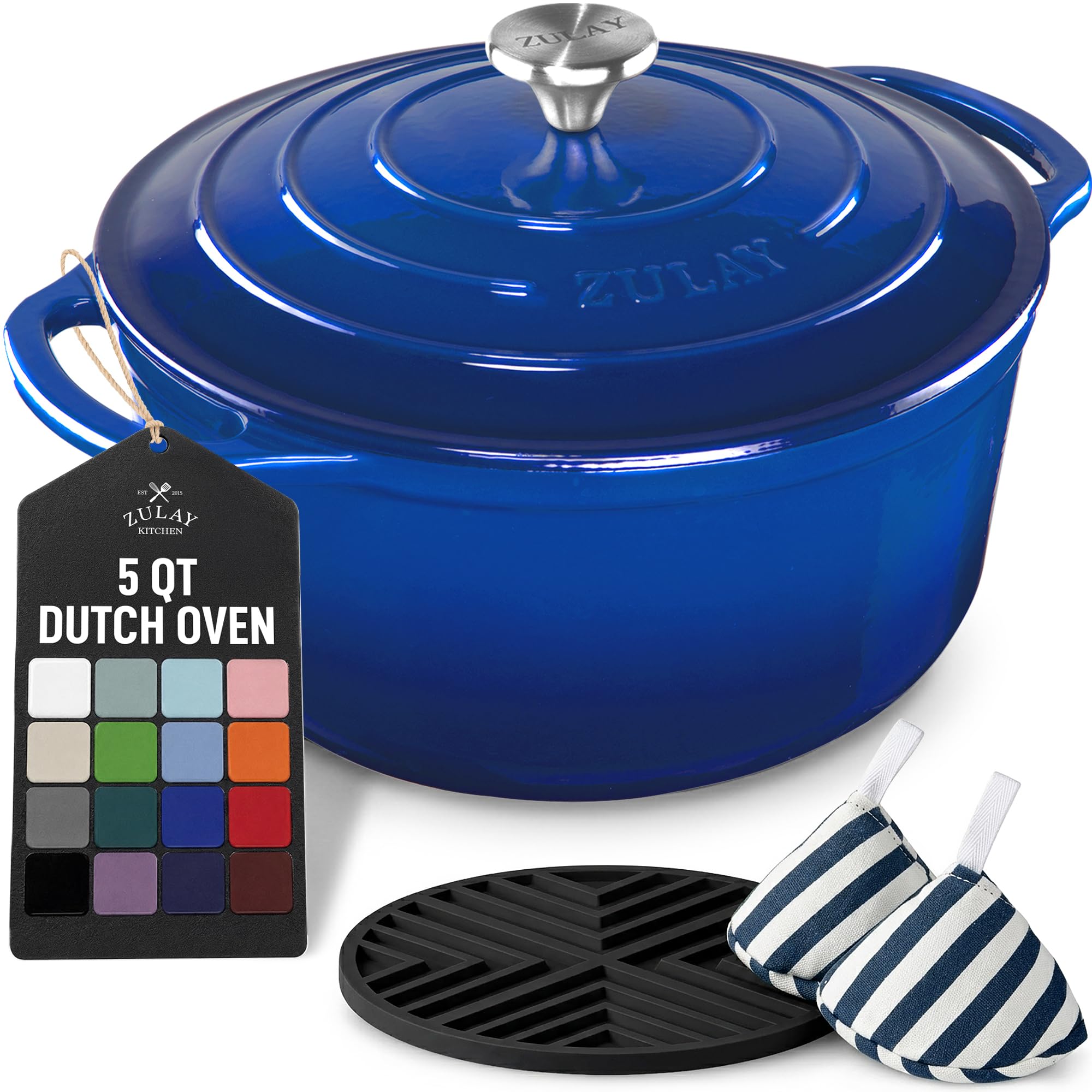 Zulay Kitchen 5 Quart Enameled Cast Iron Dutch Oven Pot with Lid – Premium Durability &amp; Oven Safe up to 500°F – Heavy Duty Cookware Perfect for Bread Baking, Stews, Braising &amp; Roasting – Blue
