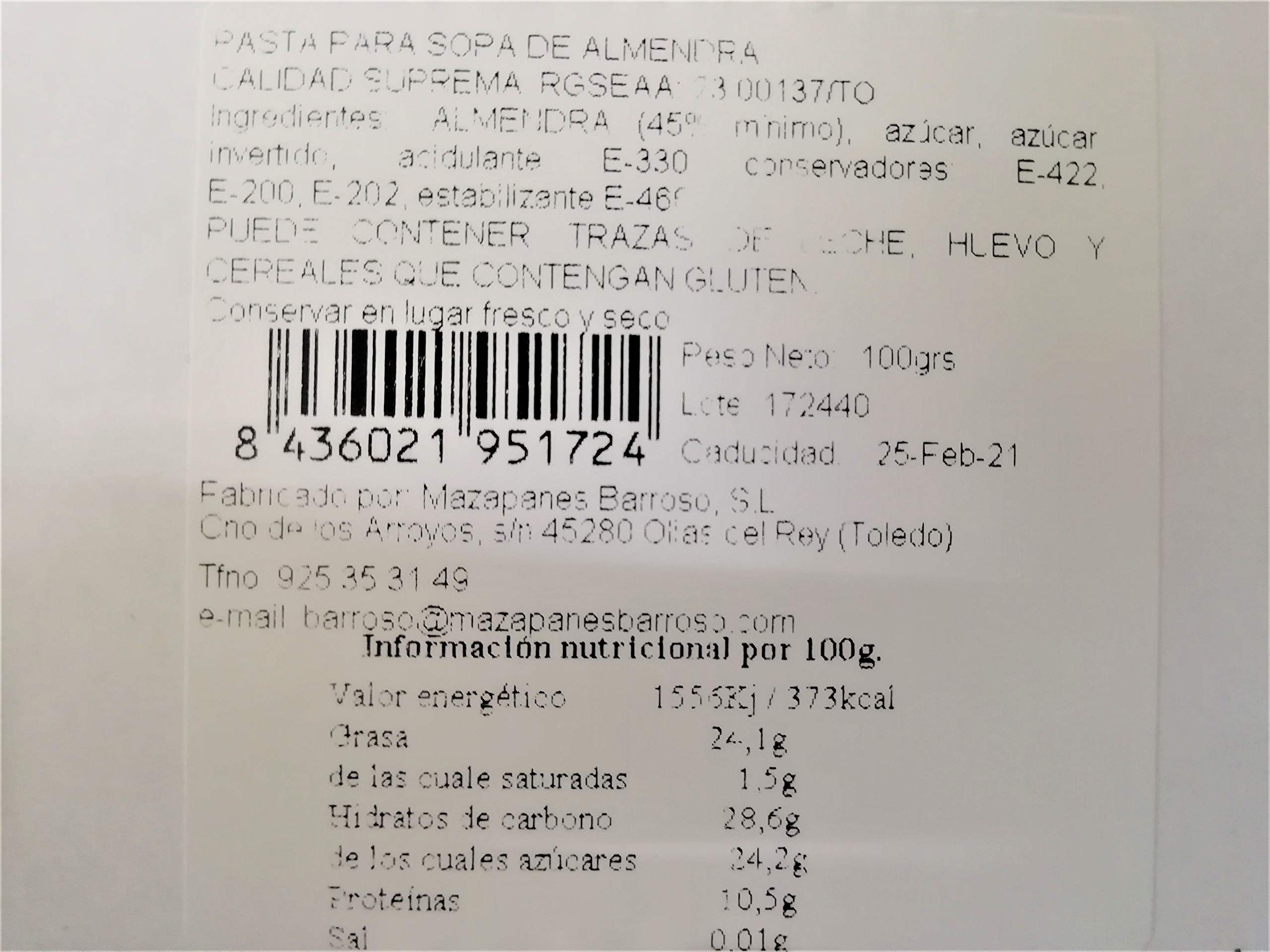 Pack de 3 Paquetes de Pasta de Mazapán para Sopa de Almendra. Calidad Suprema. Mazapanes Barroso. 3 Unidades. 100 gramos cada paquete. Incluye Receta Sopa de Almendra.