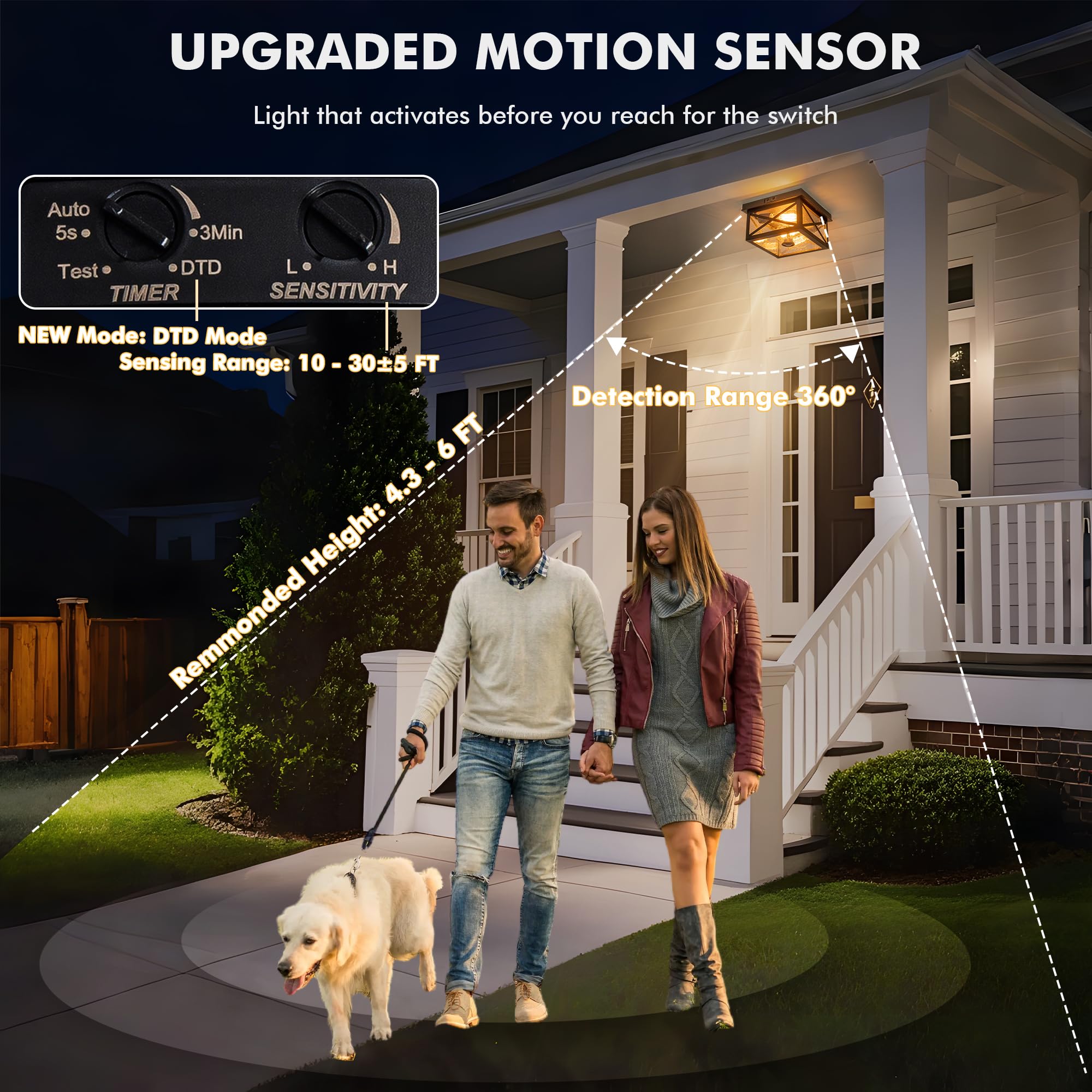 FTL Plafoniera Esterno con Sensore di Movimento, Portico Lampada da Soffitto Sensore Crepuscolare con Vetro a Bolle, E27 Nero Esterno Luce Sensore Movimento a 2 Luci per Garage Giardino, Impermeabile