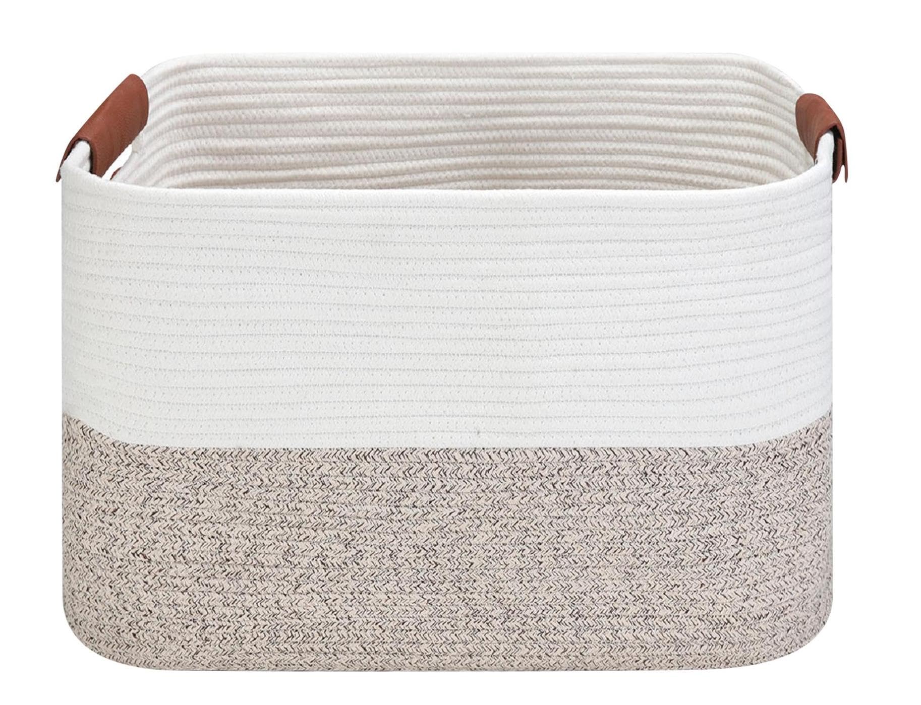 Large Cotton Rope Storage Basket with Leather Handles, Laundry Hamper Basket, 20 "L x 14" W x 12 "H, Durable & Stylish Organizer for Home.(Large Brown