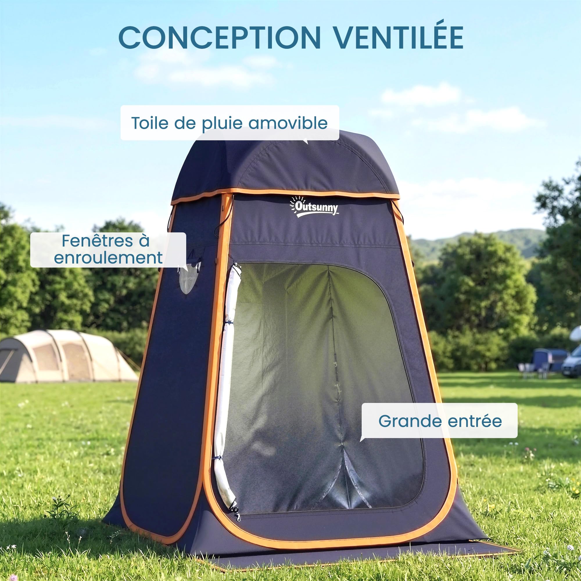 Outsunny Tente de Douche Portable Pop Up Toilette Tente de Camping Pliable vestiaire Cabine de Changement Vêtement Extérieure Intérieure Toit Amovible Poche Sac 152 x 152 x 200 cm Bleu foncé