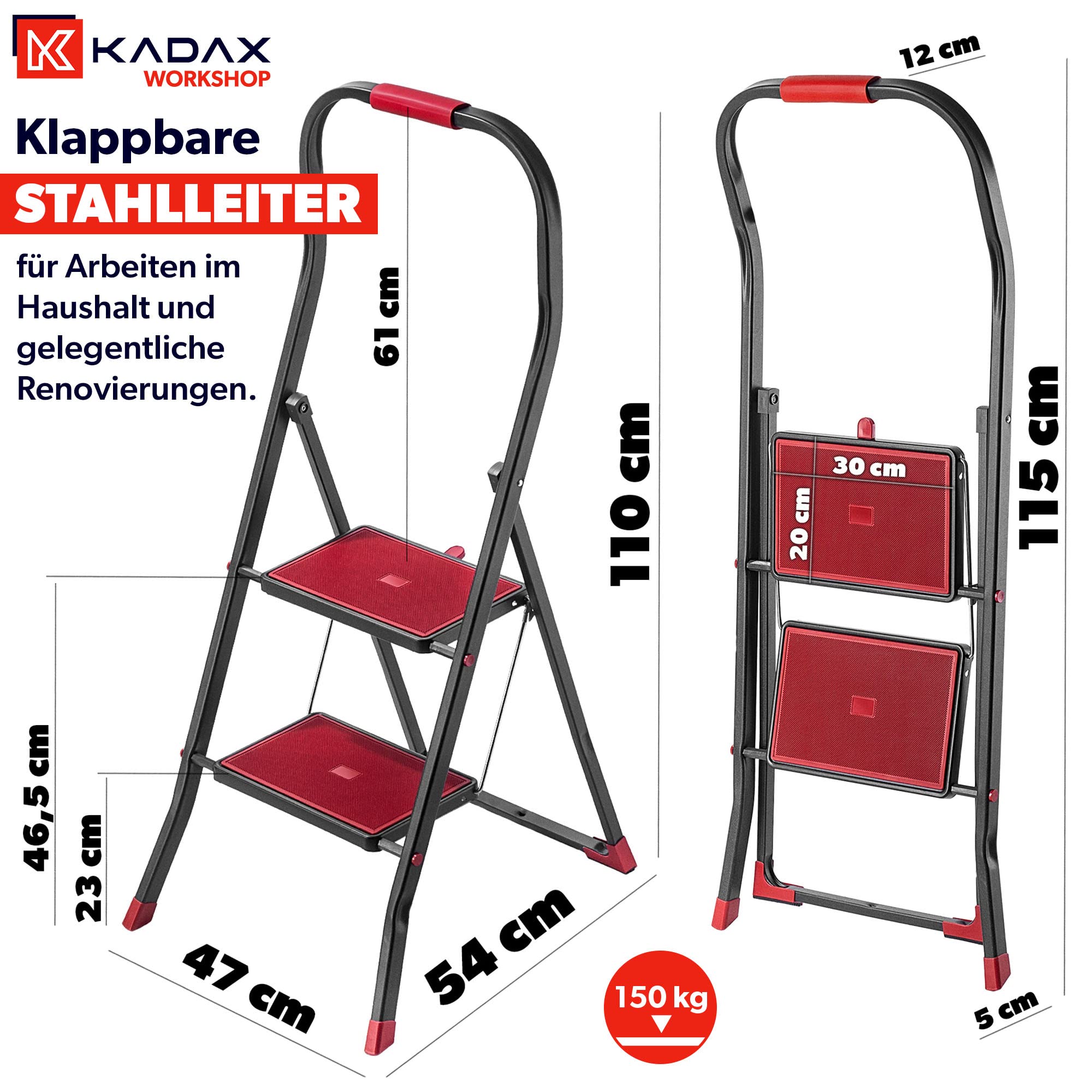 KADAX Klappbare Stahlleiter, 2-stufige Trittleiter mit rutschfesten Stufen, Traglast bis 150 kg, schwarz-rot, mit Klappsicherung und Handlauf