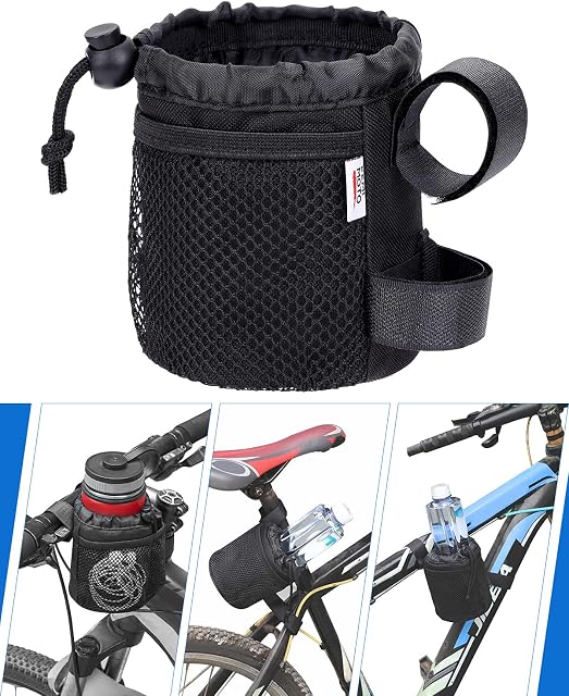 KEMIMOTO Bike Cup Holder, Bike Water Bottle Holder Bicycle Handlebar Drink Holder with Mesh Pockets Phone Bag for Cruiser, Mountain Bike, Scooter, Folding, Road Bike, Wheelchair 1 Pack