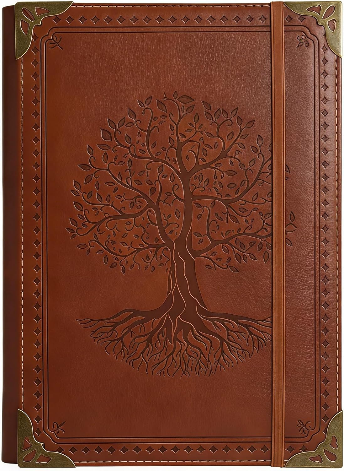Refillable A5 Leather Binder Journal Notebook, Vintage PU Leather Organizer with 6 Ring Binder, 160 Lined & Blank Loose Leaf Pages, Elastic Closure, Metal Corner, for Work Study Daily, Brown Tree