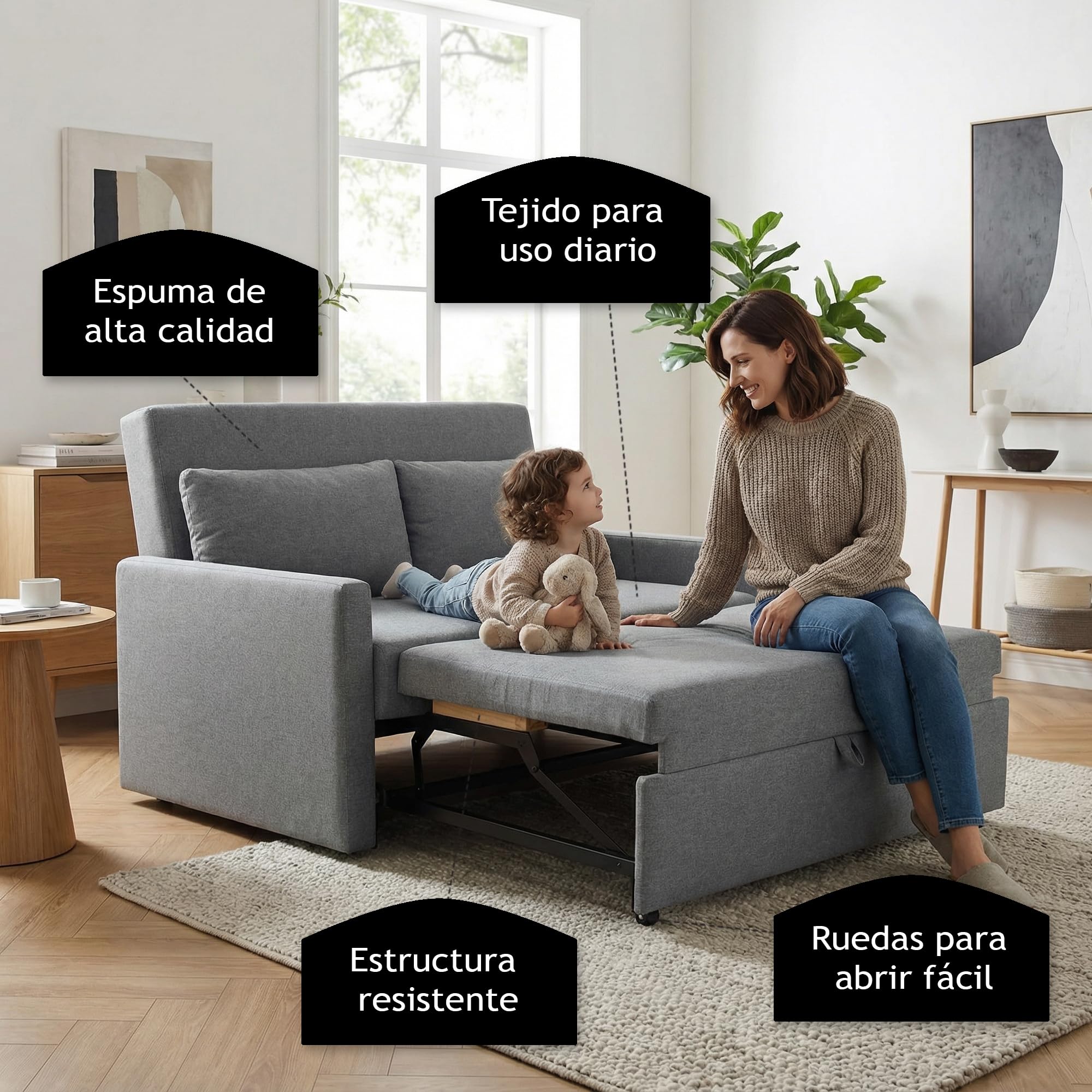Sofá Cama 2 Plazas, Sillón Cama Plegable Convertible, Sofa Bed Double Matrimonio 132 cm, Extraíble y Extensible, Dos Plazas, Máxima Comodidad, Moderno y para Espacios Reducidos
