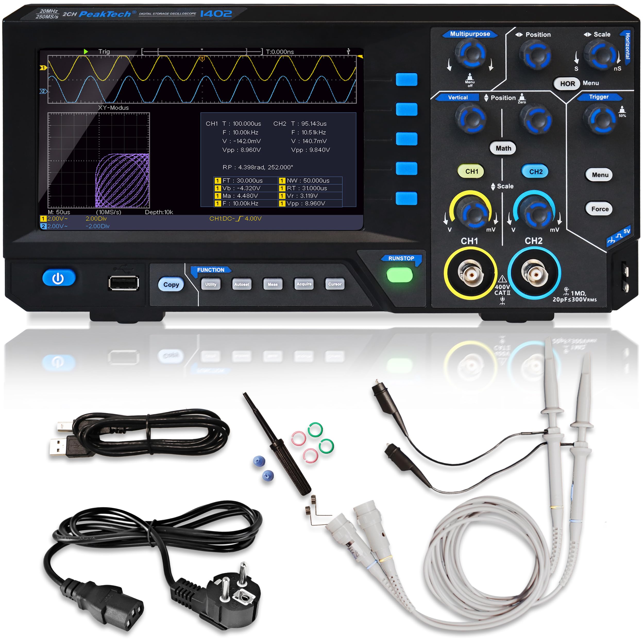 PeakTech P 1402 - Digital Oszilloskop 2 Kanal [3 Jahre Garantie] 20 MHz, 250MS/s, USB Schnittstelle, PC Software, P 1402 Oscilloscope, Schwarz, USB Oszilloskop, Oszilloskop Multimeter