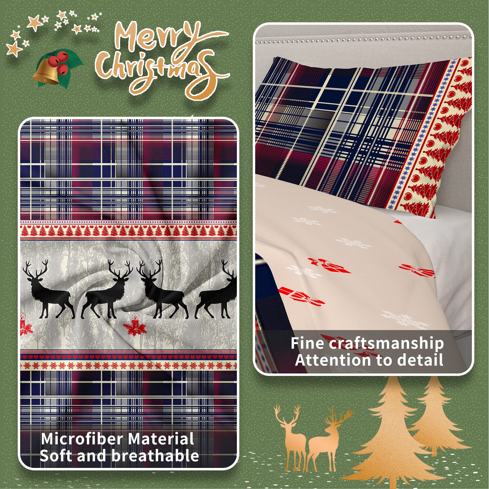 AVJWWD Set Copripiumino Natalizio Set di biancheria da letto di Natale,per bambini e bambine Set di Biancheria da Letto Decorazione Natalizia per Interni (Alce a Scacchi, 220 x 240 cm)