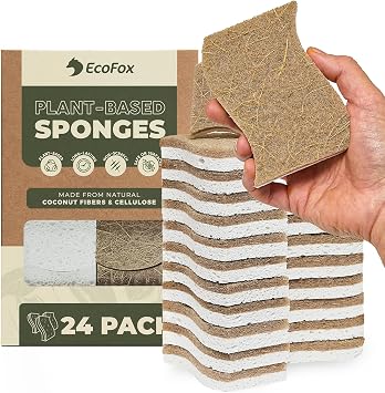 Plant-Based Kitchen Sponges 24 Pack | USDA Biobased Certified | FSC & PETA Approved | Natural Cellulose & Coconut Scrubber Sponge | S-Shaped Design | Eco-Friendly, Non-Scratch, Non-Toxic & Vegan