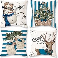 Vista 4 de ONWAY Fundas de Almohada de Rayas Navideñas 16x16 Juego de 4 Muñeco de Nieve Reno Guantes Almohadas Decorativas Decoración Navideña de Invierno