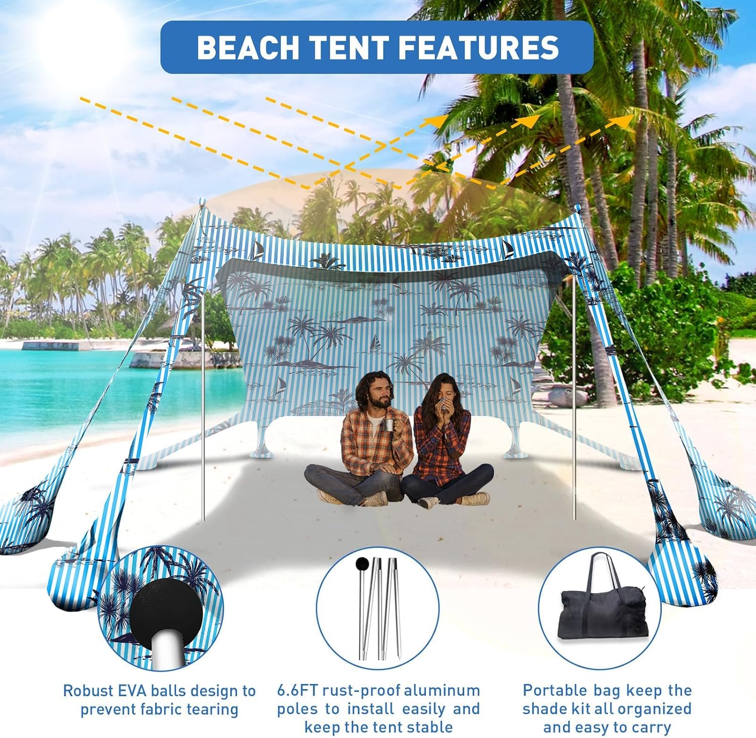 Beach Tent Sun Shelter 10x10ft Beach Canopy Easy Pop Up Sun Shade Portable UPF50+ with 8 Sandbags-2 Sand Shovel-4 Aluminum Poles-Ground Pegs for Outdoor Family Camping Fishing Backyard Picnic