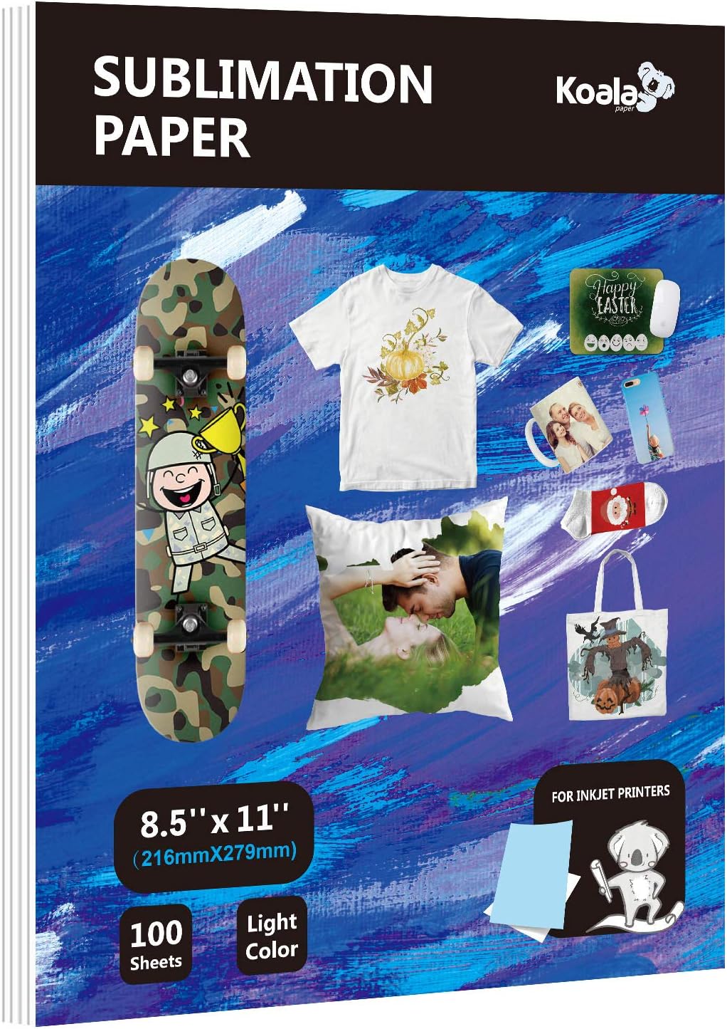 Koala Sublimation Paper 8.5X11inch for Heat Transfer DIY Gift Work with Any Printer which Match Sublimation Ink 100 Sheets(Blue Back)