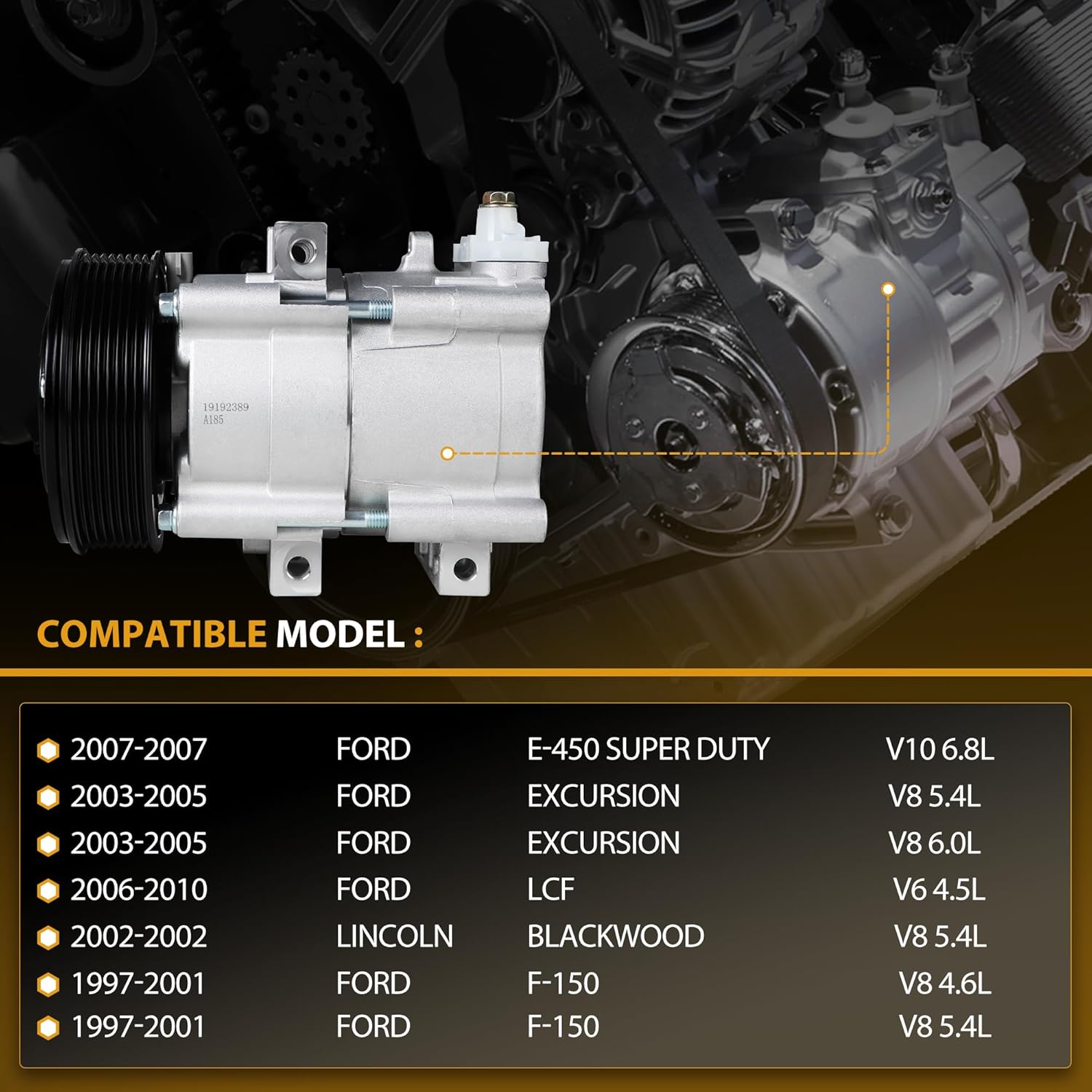 AC Compressor with Clutch Compatible with 2002 Lincoln Blackwood; 1997-2001 Ford F-150, 1999-2007 F-250 350 450 550 (Super Duty), F53, LCF 4.6L, 5.4L, 6.0L, 6.8L 19192389, 57152, 58152