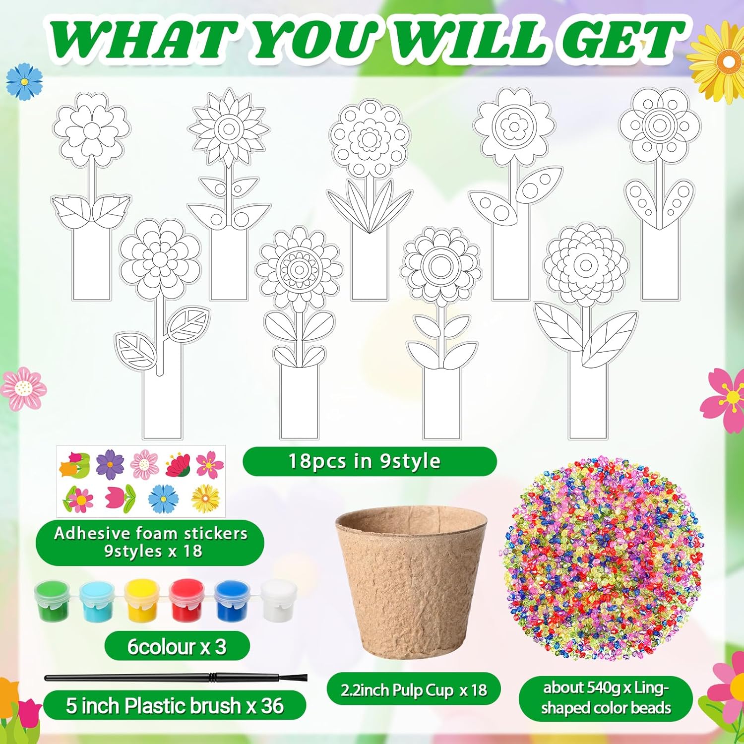 Pasimy 18 Sets Spring Flower Crafts Kits Bulk Flower Pot Suncatchers DIY Color Your Own Floral Activities Arts Decorations with Paper Pot Stickers Beads for Classroom Mother's Day Birthday Gifts