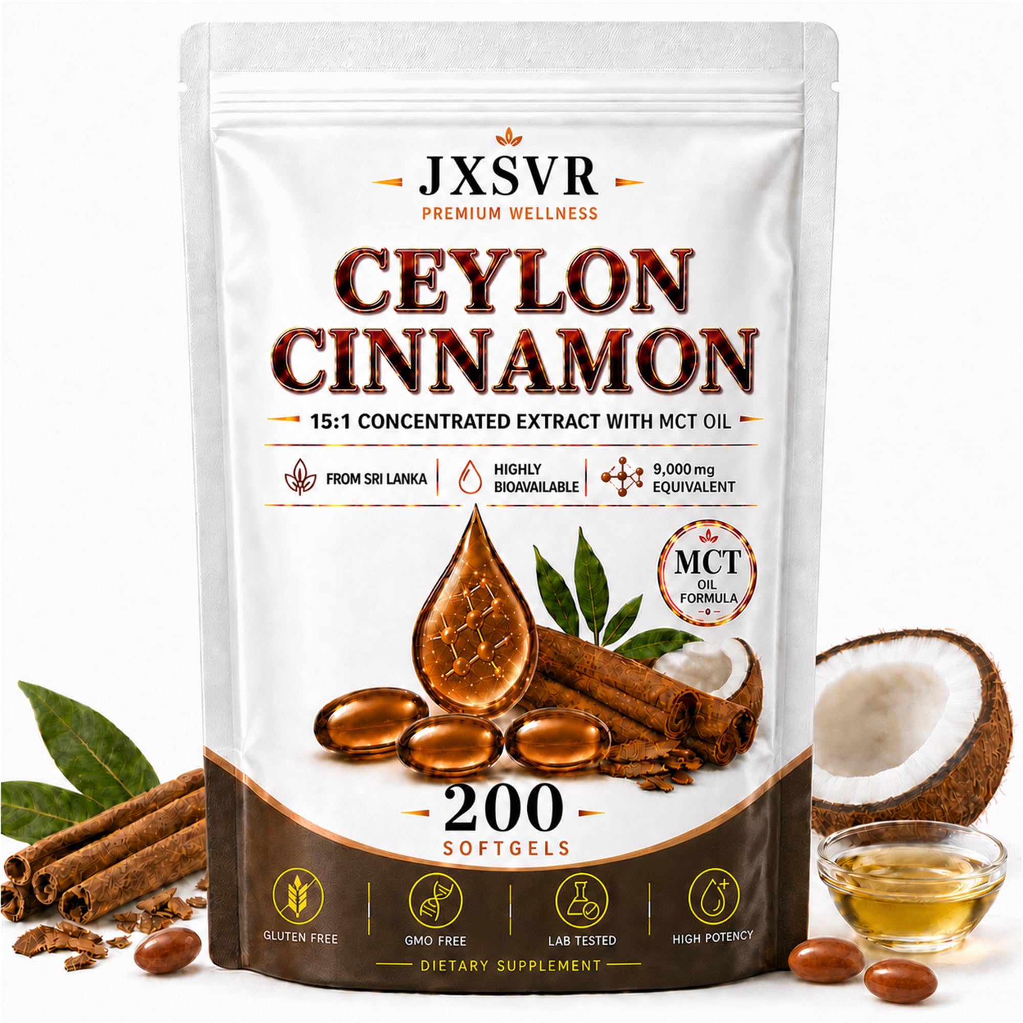 Ceylon Cinnamon with MCT Oil Softgels, 15:1 Sri Lankan Cinnamomum Verum Inner Bark Extract Supplement | Highly Bioavailable | Heart Health and Energy & Metabolism Support (1 Bag (200 Count))