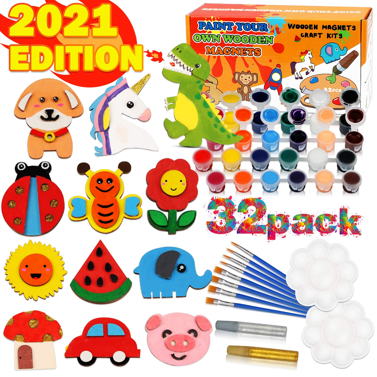 Hamsoo 32 Pack Wooden Arts and Crafts Age 4 5 6 7 8 9 10, Paint Your Own Wooden Magnet for Kids Painting Craft Kit and Art Set Age 8-12 Boys and Girls Party Favors, Supplies Art and Crafts Set