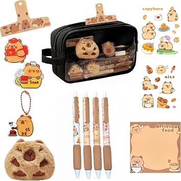 Kawaii Capybara Pencil Case Kit with Plush +Notepad+Pendant+Stickers+Binder clips+Diary Clip+Pens, 5-Layer Large Capacity Capybara Stationery Set Gifts for Office, Makeup. Black